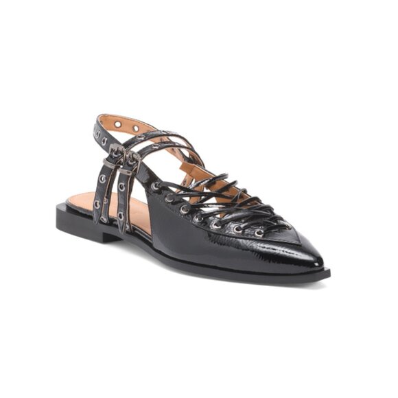STEVE MADDEN Black Patent Galanto Lace Up Slingback Flats - Picture 1 of 2